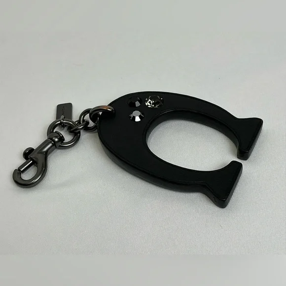 Coach Black Leather C Keychain with Rhinestone Gem Accents - Picture 4 of 9